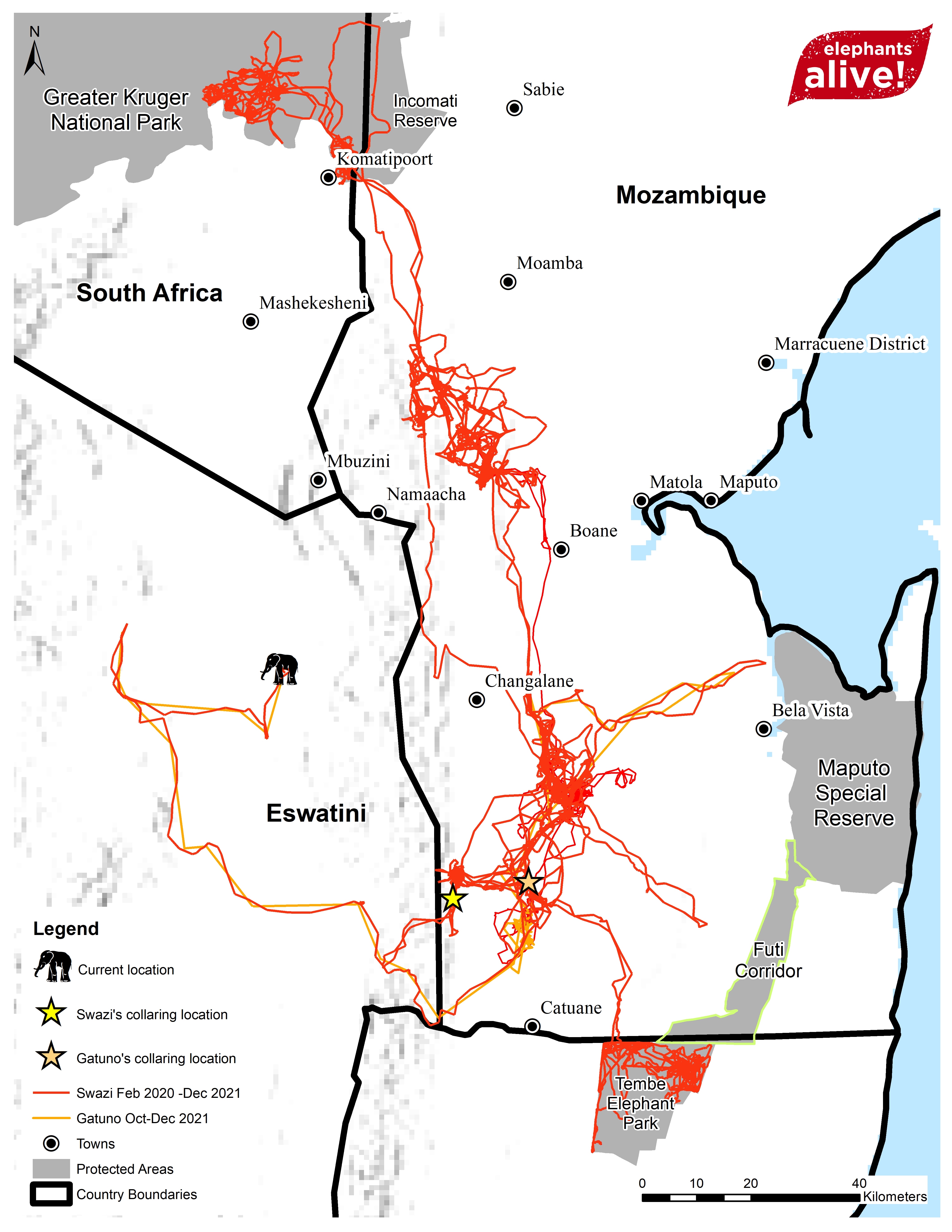 Map of Mozambique, South Africa and Eswatini showing colored squiggly lines on it.
